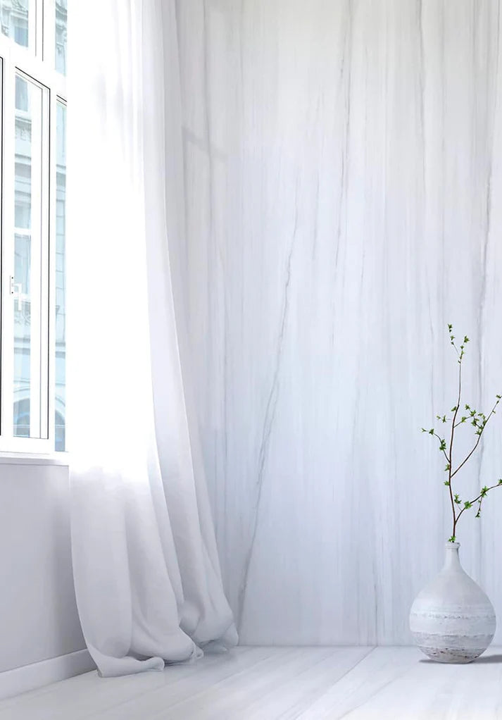 White curtains in a room with a vase and plant on a white surface.