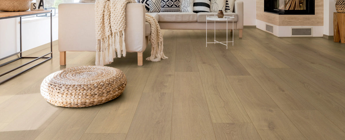 Living room with wooden flooring, sofa, and decorative items.