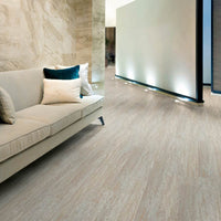 Modern living room with a beige sofa and decorative pillows on a light wood floor.
