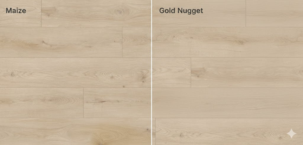 Two wood flooring samples labeled 'Maize' and 'Gold Nugget' on a wooden background.