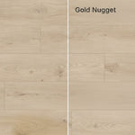 Two wood flooring samples labeled 'Maize' and 'Gold Nugget' on a wooden background.