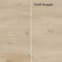 Two wood flooring samples labeled 'Maize' and 'Gold Nugget' on a wooden background.