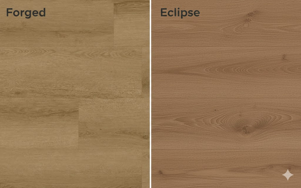 Two wood finishes labeled 'Forged' and 'Eclipse' side by side.