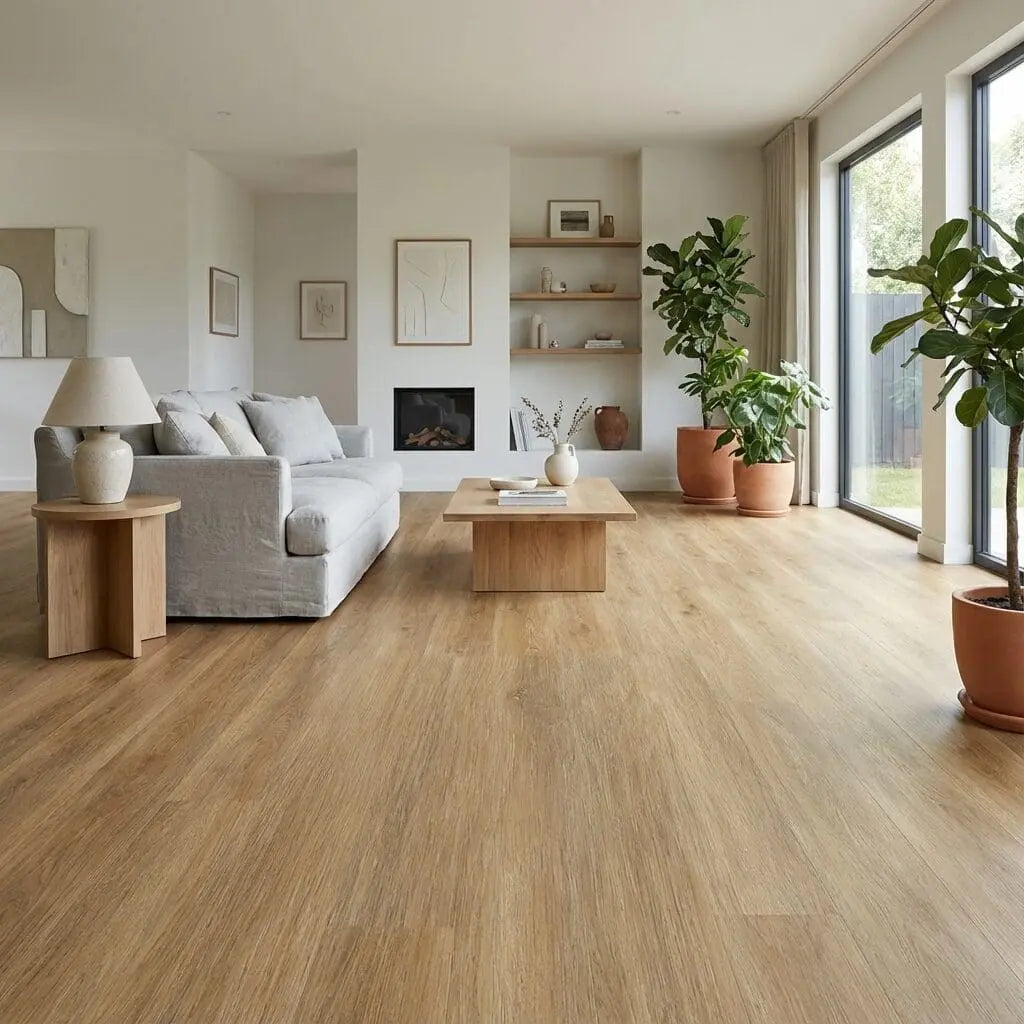 Modern living room with wooden flooring, gray sofa, and decorative elements.